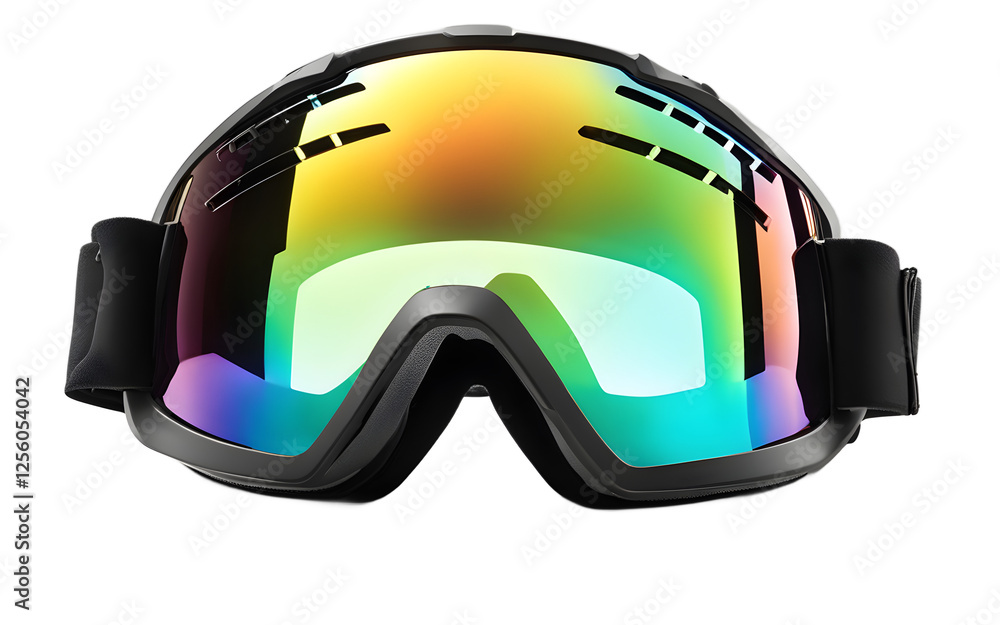 Poster a pair of sleek black ski goggles with tinted lenses, isolated on a empty plain background