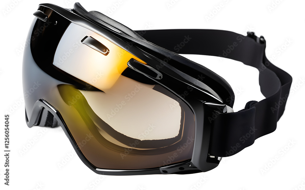 Poster a pair of sleek black ski goggles with tinted lenses, isolated on a empty plain background