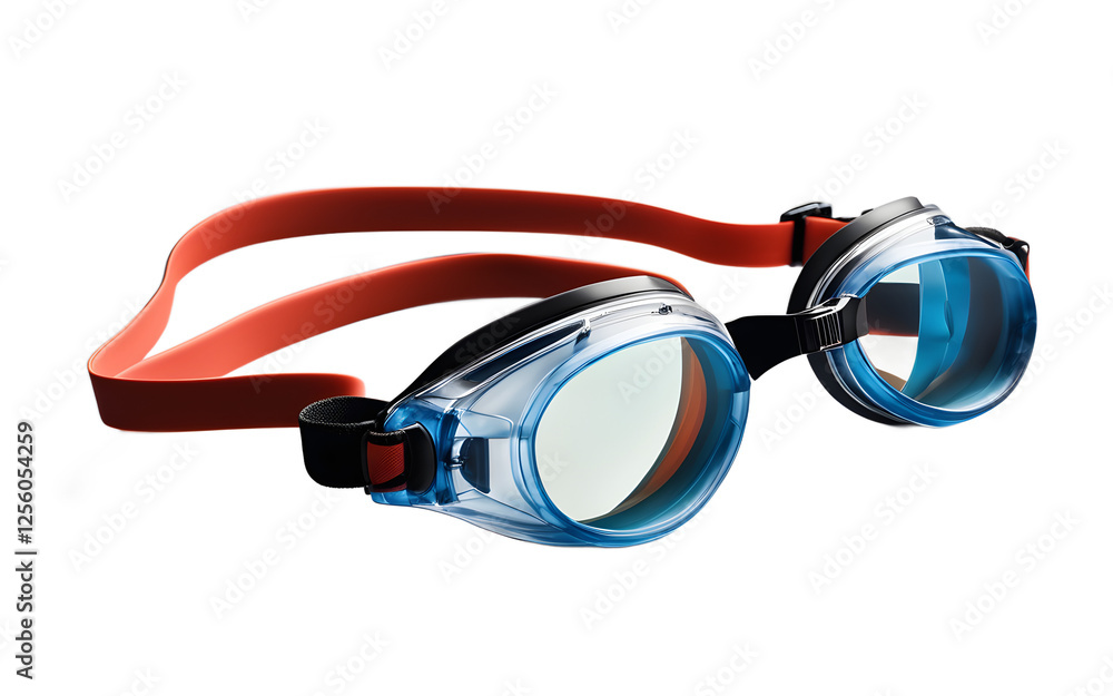 Poster a pair of stylish swimming goggles with anti-fog lenses, isolated on a empty plain background