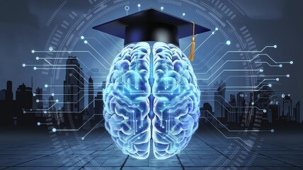 Brain with graduation cap and digital circuits.