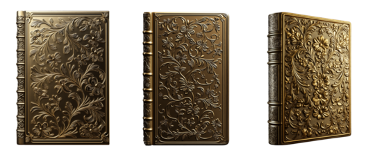 3D rendering of gold book cover with intricate floral patterns isolated on white or transparent background