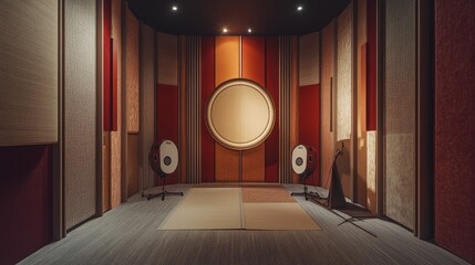 Soundproof music practice room with a drum shield, fabric-covered walls, and carpet tiles to dampen vibrations and reduce echo