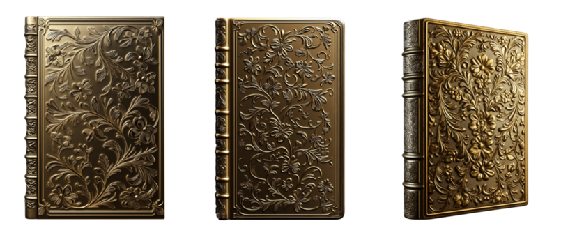 3D rendering of gold book cover with intricate floral patterns isolated on white or transparent background