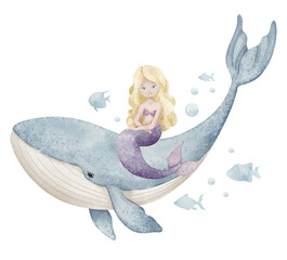 Watercolor illustration of a cute mermaid atop a Whale surrounded by bubbles for baby girl greeting cards or nursery wall art. Drawing of underwater animal and cute princess in pastel colors.