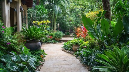 A lush garden with a winding stone path, surrounded by various tropical plants and trees, creating a serene and inviting atmosphere. The garden features vibrant flowers and dense greenery, making it a