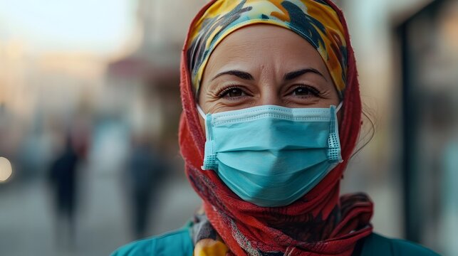 Woman in Face Mask with Colorful Scarf Smiling in Urban Environment
