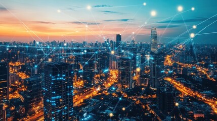 Fototapeta premium A futuristic cityscape where skyscrapers are linked by luminous digital bridges, representing a networked urban environment.