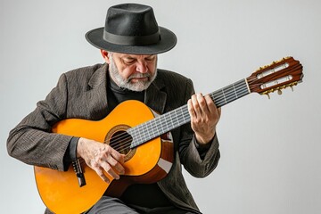 Obraz premium Musician playing acoustic guitar on a plain white background.
