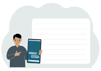 A man holds a mobile phone with correspondence and SMS messages in his hand. Advertising, poster, place for text.