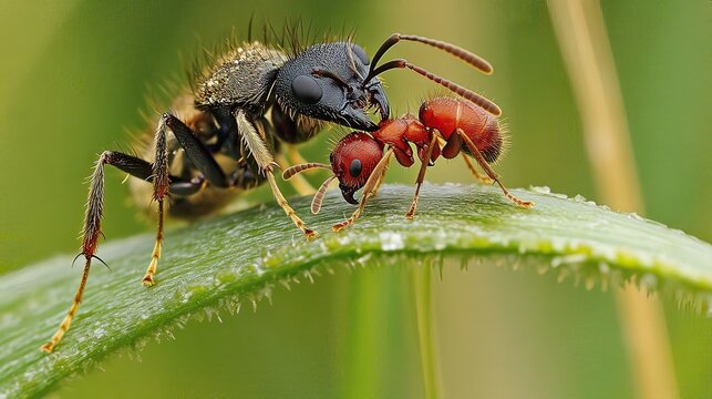 Ant predation, meadow, insect battle, nature close-up, wildlife photography, stock image