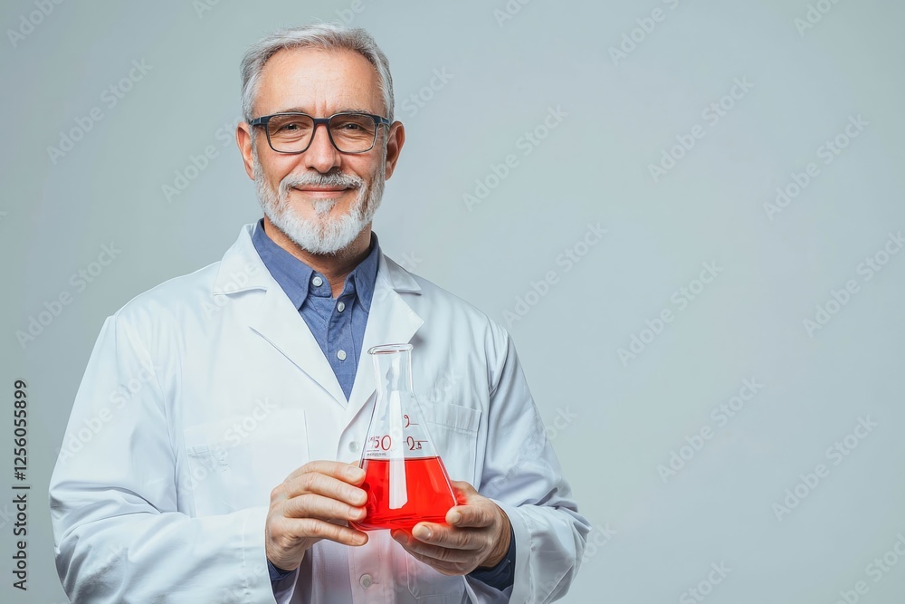 Poster scientist in lab coat holding a flask on a gray background.