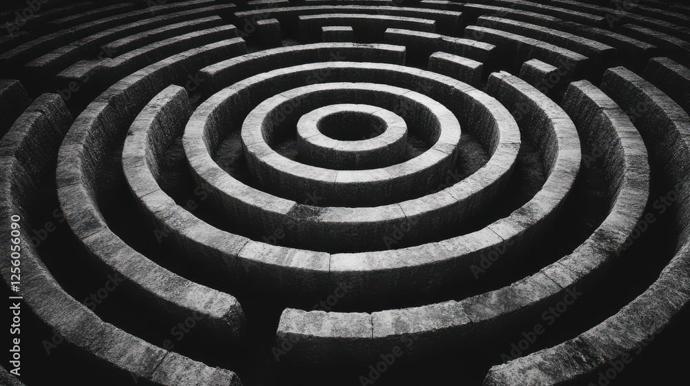 Poster intricate stone spiral maze design in monochrome featuring concentric circular patterns and shadow p