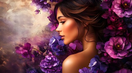 Naklejka premium Elegant woman amidst vibrant purple flowers in a dreamy painting