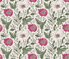 Seamless pattern. Beautiful blooming realistic isolated flowers. Vintage background fabric. Poppy Poppies wildflowers set. Wallpaper baroque. Drawing engraving sketch Vector victorian illustration © Наталья Лобенко