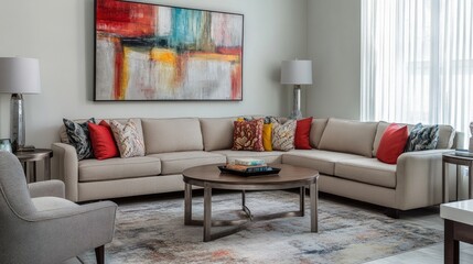 Spacious contemporary living room with a modular sofa, abstract artwork, and a neutral color palette for an elegant look