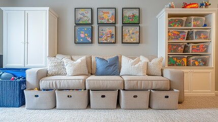 Spacious family room with a comfortable sofa, neatly organized toy bins, and storage cabinets for an organized, kid-friendly space