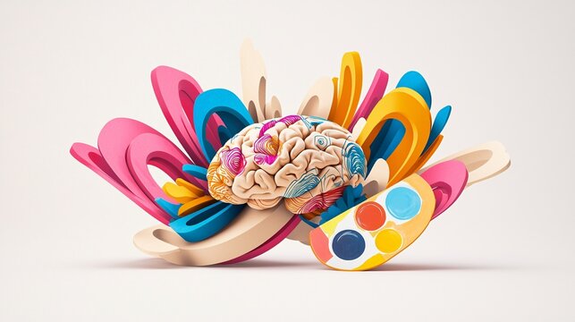 double exposure composition of a brain overlaid with a drawing palette and colorful abstract designs, representing mental development and artistic expression, isolated on white Double Exposure.[Art]:[