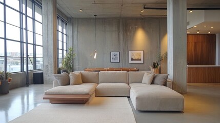 Spacious industrial living room with concrete walls, a sectional sofa, and minimal decor