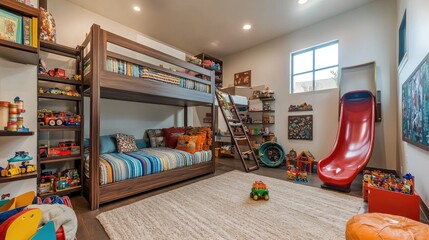 Spacious kids' room with a loft bed, a slide, and a floor space dedicated to toys and creative activities