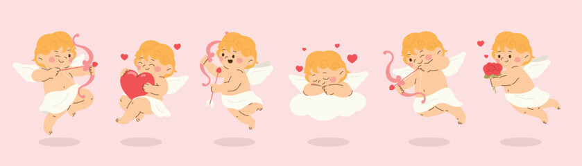 Cute Funny cupid characters vector set. Happy Valentine's Day romantic angels design with wings, bow, heart arrows, mythology, Greece cartoon. Love baby angel illustration for greeting card, sticker.