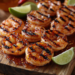 Grilled shrimp with lime on wooden board, chili, honey background