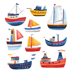 Colorful Boats Sailing on a Dreamy Sea A Delightful Watercolor Collection