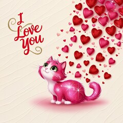 Red hearts around cat on white background with love inscription