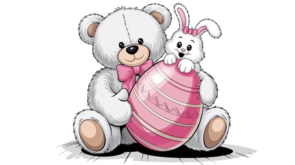 Teddy bear and bunny holding easter egg