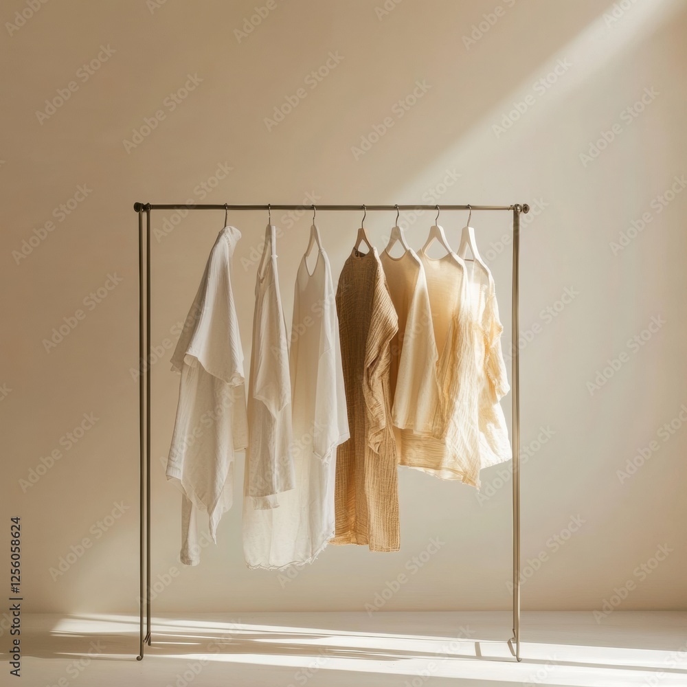 Poster minimalist clothing rack with neatly arranged garments in warm neutral tones in a well lit space. ge