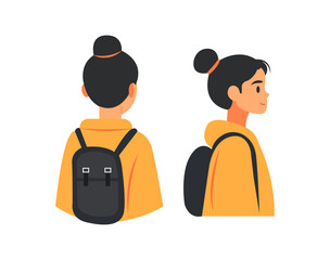 Vector illustration of a young woman student wearing a black backpack and a yellow hoodie, shown from both back and side views. 
