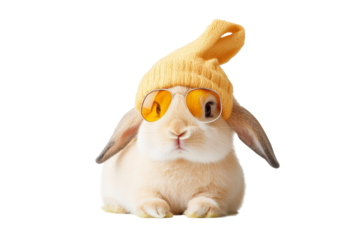 Cute fluffy rabbit wearing yellow knitted beanie and stylish sunglasses isolated on transparent background
