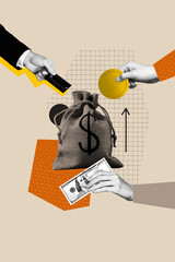 Vertical art trend collage of hands hold dollar banknotes coin credit card contactless payment...