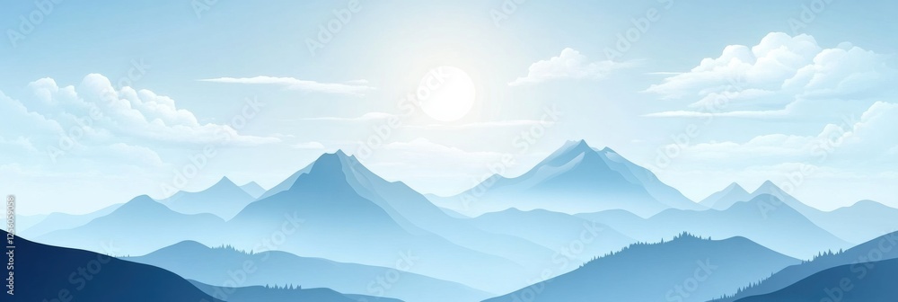 Poster Majestic mountain range rises under soft clouds in blue sky with ample blank space for text and storytelling. Generative AI
