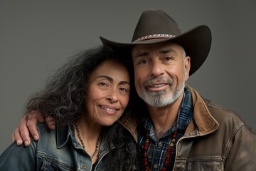 Portrait of a glad multiethnic couple in their 50s wearing a rugged cowboy hat over blank studio backdrop