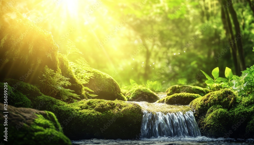 Poster captivating forest stream close up of water flowing over mossy rocks with sunlight and bokeh effect