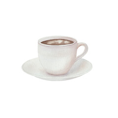 White cup of hot coffee on a saucer. Watercolor illustration. The elegant and minimalist design is ideal for cafe, kitchen decor, vintage artwork. Isolated on white background, hand drawn