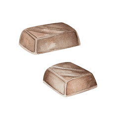 Chocolate pieces. Watercolor illustration of sweets, hand drawn, isolated on a white background. Two rectangular piles. For design, kitchen, menu, restaurants