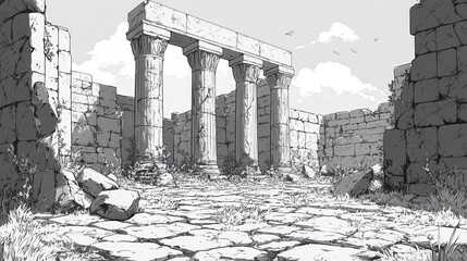 Ancient Ruins with Columns Surrounded by Crumbling Walls and Overgrown Vegetation Under a Cloudy Sky