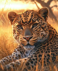 Obraz premium Leopard resting in golden grass at sunset