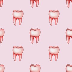 Seamless Pattern Red Tooth Small Design on Pastel Pink Background