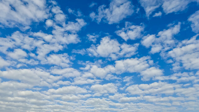 Bright blue sky with fluffy white clouds on a sunny day. Many small white clouds scattered across the blue sky.