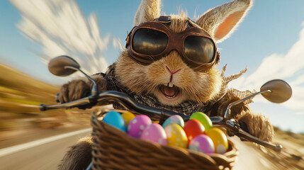 The Easter bunny rides a motorbike with eggs, Generative AI