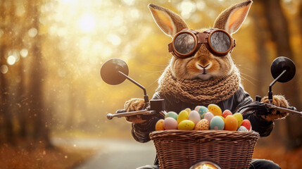 The Easter bunny rides a motorbike with eggs, Generative AI