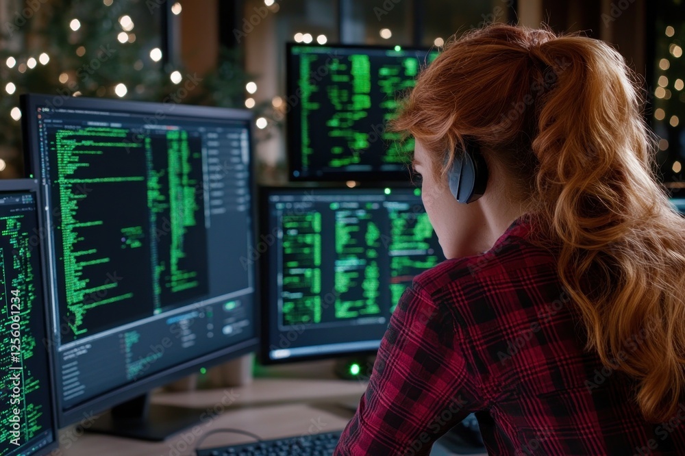 Poster focused female hacker working on multiple screens