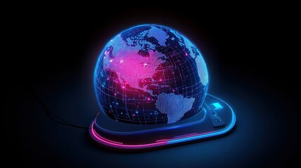 A globe made entirely of holographic light, surrounded by abstract data symbols, representing world trade connections, modern, clean, tech. 