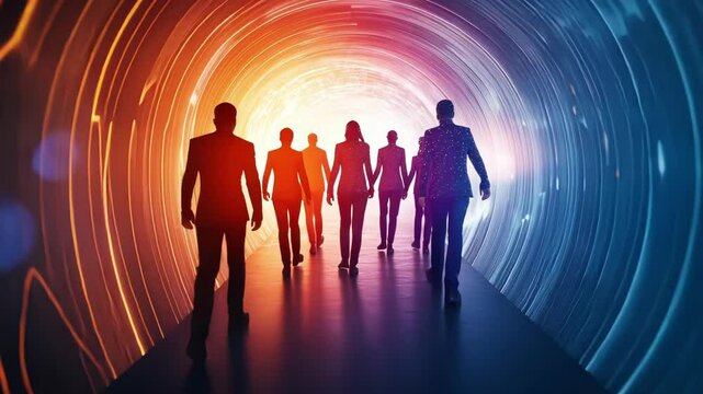 Ethereal silhouettes of diverse individuals breaking through a translucent barrier symbolizing the overcoming of socioeconomic obstacles towards a brighter future.