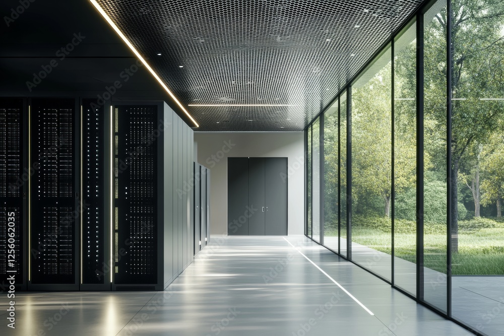 Poster modern data center showcasing high tech design with spacious layout and natural light features