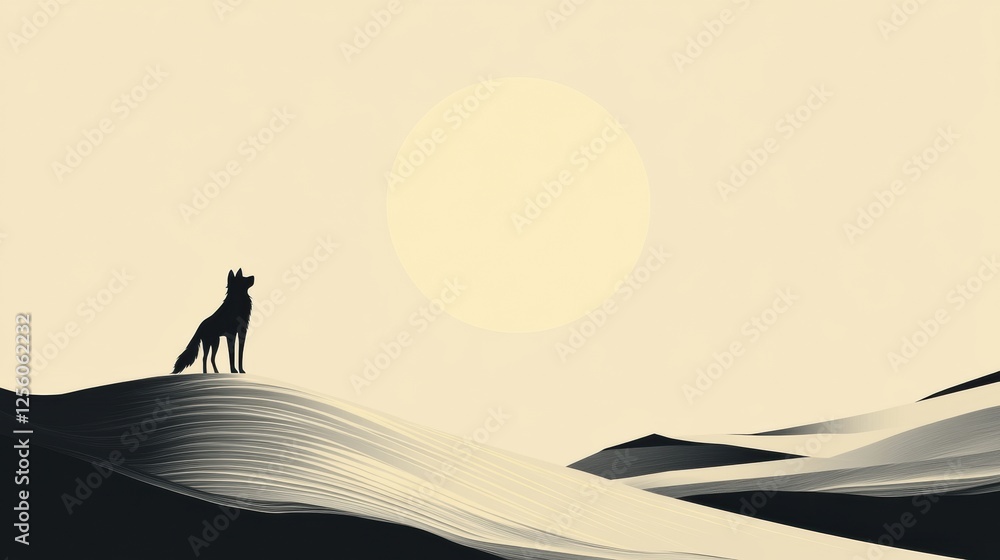 Poster minimalist wolf silhouette against a full moon in a serene landscape with space for personalization.