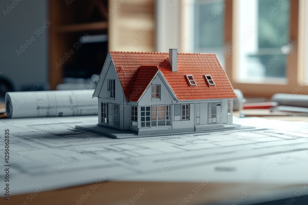 Poster architectural workspace detailed blueprints and scale model house with drafting tools and plans