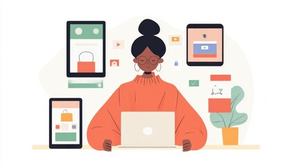 A person is typing on a laptop surrounded by various photography equipment, including cameras, lenses, and accessories, placed on a wooden floor.